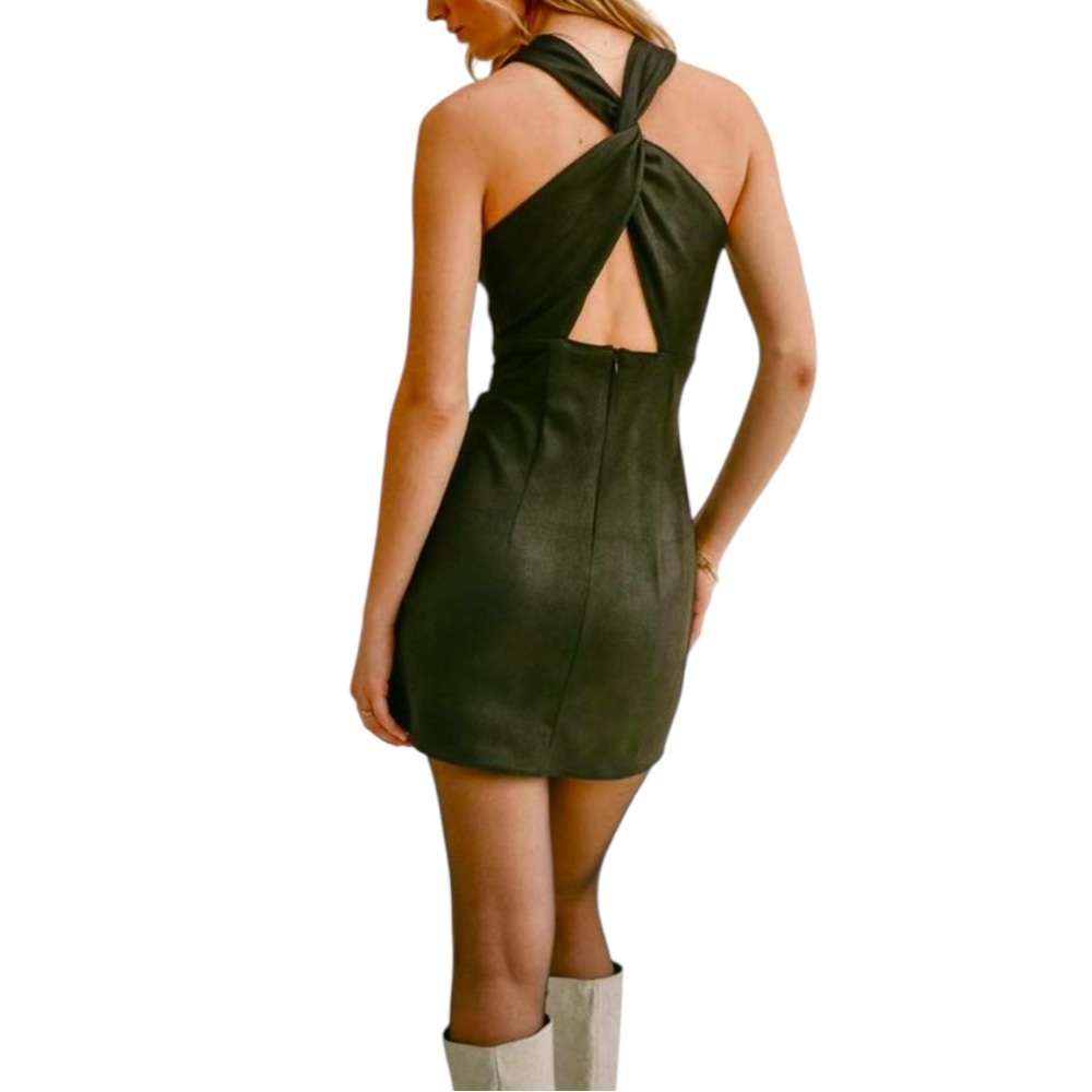 Sage the Label Black Crisscross Back Straps Mini Dress size Small Faux Leather